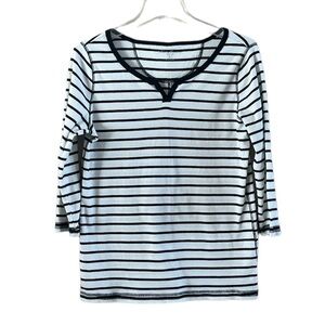 Eddie Bauer Split Neck Three-quarter Sleeves White Black Stripes T-shirt Size XL